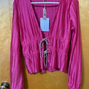 WAYF Fuchsia Long Sleeve Blouse with Tie Detail